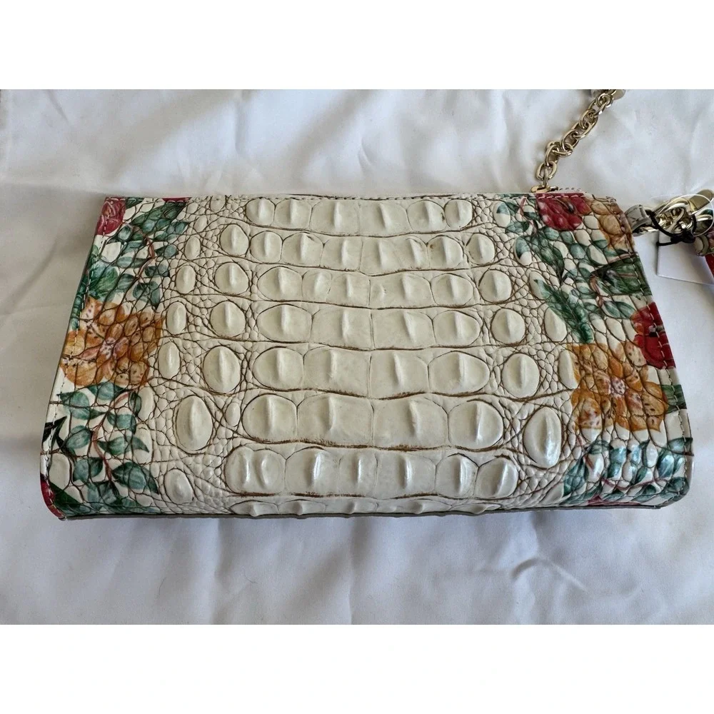 Brahmin Millie Ivory Tahiti Leather Embossed Floral Wristlet Wallet DustBag RARE